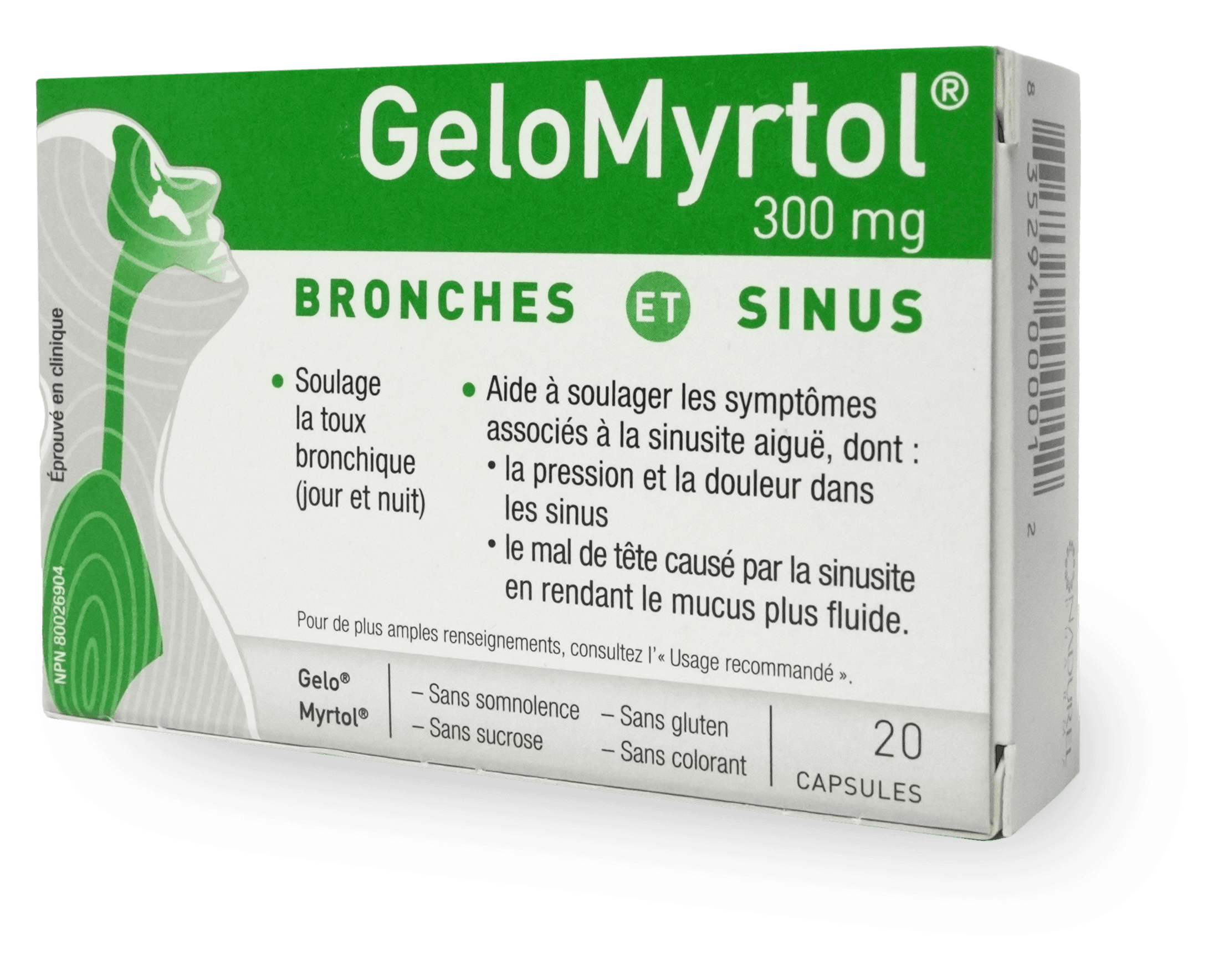 Boîte de GeloMyrtol. La boîte est verte et blanche. On y voit le logo de GeloMyrtol et le nom du produit. On y voit aussi une illustration d'une personne qui respire avec ses voies respiratoires en vert.